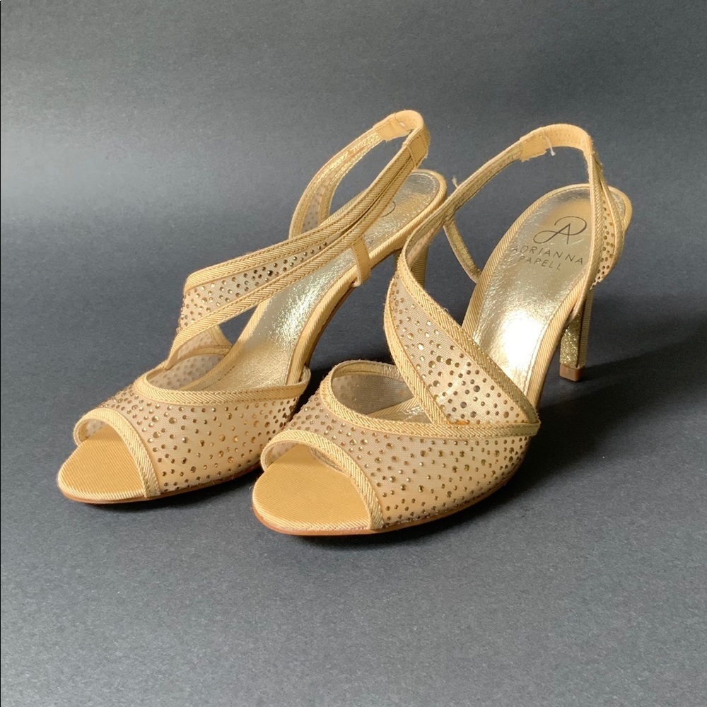 Adrianna Papell Gold Mesh Metallic Glitter Rhinestone Evening Cocktail Shoes